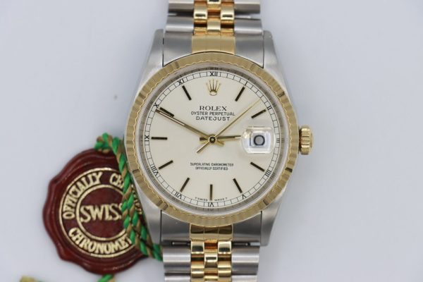 Rolex Datejust 16233 Silver Stick Dial Two-Tone Jubilee Band Box & Papers 1999