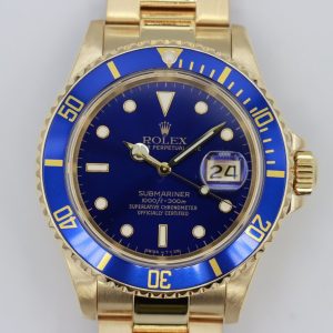 Rolex Submariner 16618 Sunburst Blue Dial & Bezel 18K Yellow Gold Oyster Pin Band Circa 1989