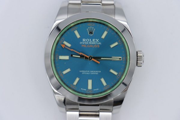 Rolex Milgauss 116400GV Z-Blue Dial Oyster Band 40mm Green Crystal Smooth Bezel