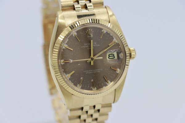 Rolex Date 1503 Tropical Champagne Stick Dial 18K Yellow Gold Jubilee Band 34mm - Image 9