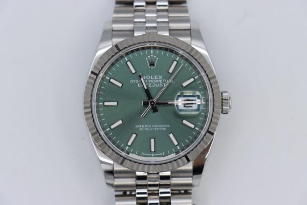 Rolex Datejust 126234 Mint Green Dial Jubilee Band 36mm Box & Papers Year 2024