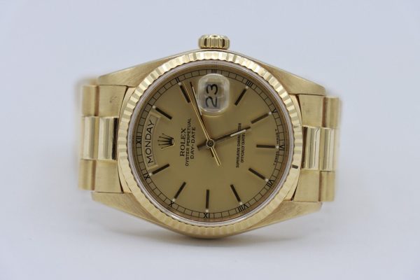 Rolex Day-Date 18038 Champagne Stick Dial 18K President Band 36mm Circa 1988 - Image 5