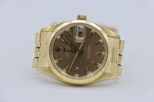 Rolex Date 1503 Tropical Champagne Stick Dial 18K Yellow Gold Jubilee Band 34mm - Image 5